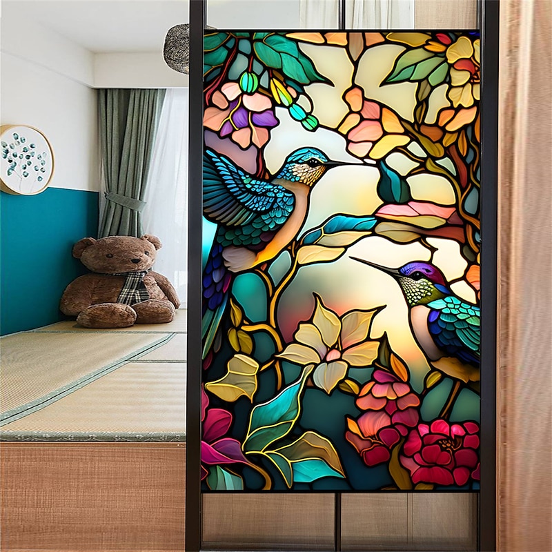 Stained Glass Window Film Colorful Retro Flower Birds Window Glass Electrostatic Stickers Removable Window Privacy Stained Decorative Film for Home Office
