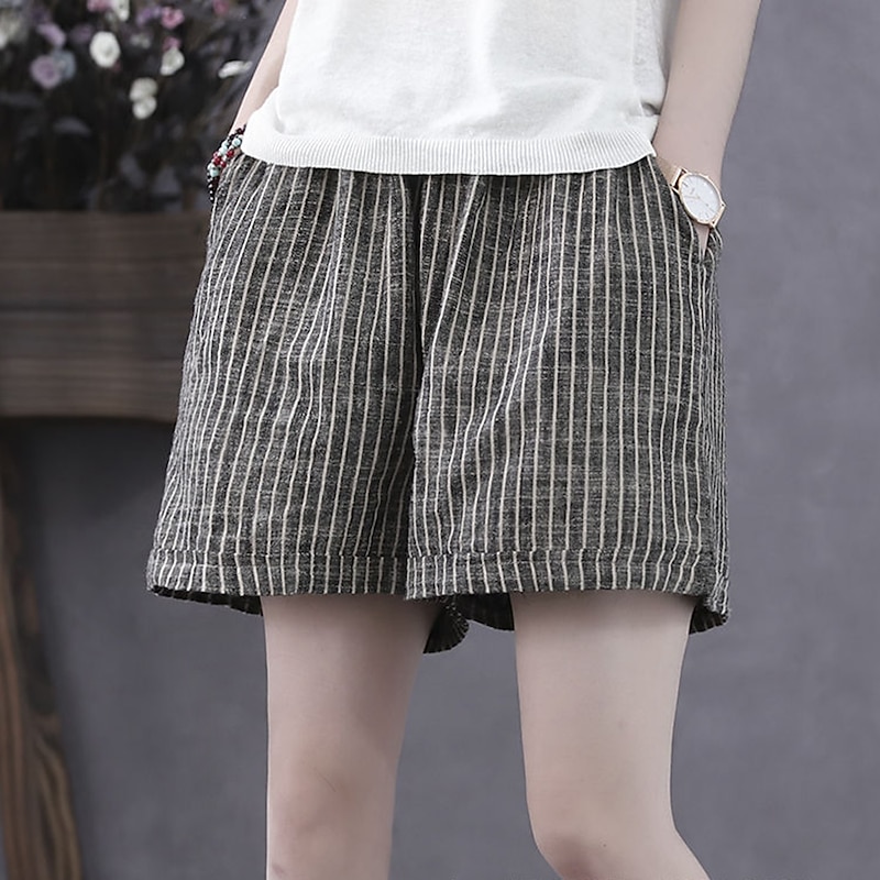 Women's Cotton Linen Shorts Bermuda shorts Fashion Basic Casual Short High Waist Striped Side Pockets Baggy Comfort Inelastic Vacation Street Casual Daily Grey Regular Fit4