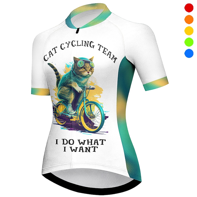 Women's Cycling Jersey Cat Funny Short Sleeve Bike Jersey Top with 3 Rear Pockets Mountain Bike MTB Road Bike Cycling Quick Dry Reflective Strips Back Pocket Moisture Wicking Sports Red Blue Rose Red