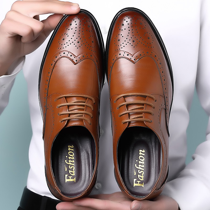 Men's Brown Faux Leather Brogue Dress Shoes – Classic Wingtip Oxford Design for Business, Formal Occasions, and Office Wear2