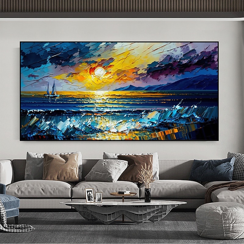 Handmade Oil Painting Canvas Wall Art Decor Original Sunset Abstract Sea View Painting for Home Decor With Stretched Frame/Without Inner Frame Painting 7