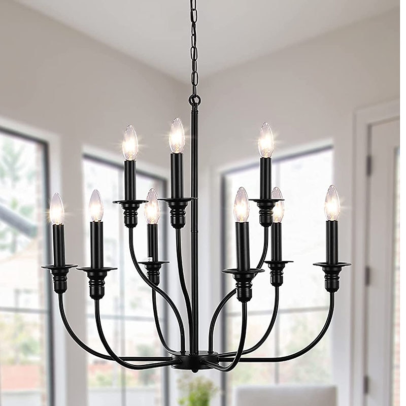 Chandelier 6-Light Modern Farmhouse Chandelier Wrought Iron Classic Candle Ceiling Pendant Light Fixture for Dining Room Living Room Kitchen Island Entry Stairwell, Dia 26