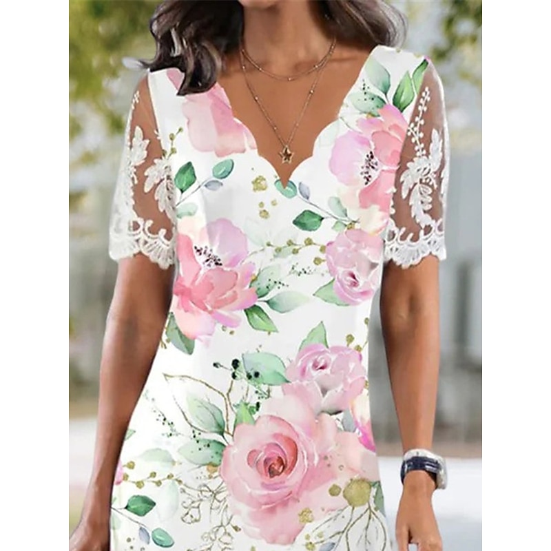 Women's Floral Contrast Lace Lace Scalloped Neck Lace Sleeve Midi Dress Daily Vacation Short Sleeve Summer Spring2