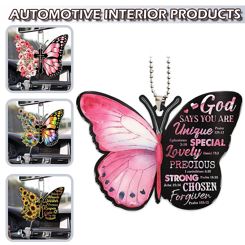 1pc Acrylic Butterfly Cross Pendant Auto Interior Accessories Christmas Tree Hanging Decoration Car Rear View Mirror Ornament Window Wall Decor With Chain