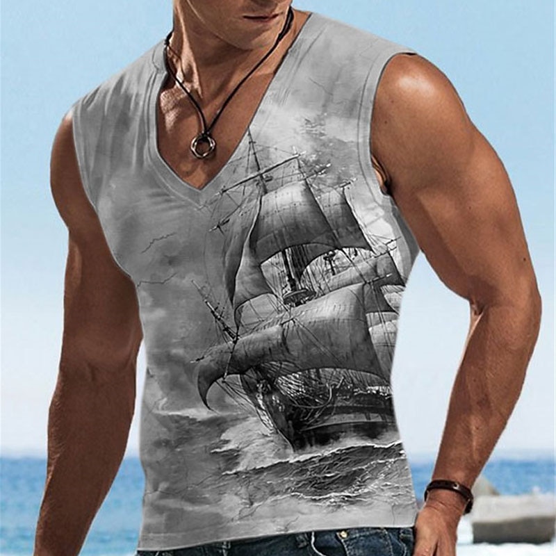 Men's Graphic Ship Tank Top Vest Top Sleeveless T Shirt for Men Sleeveless T shirt 3D Print V Neck Shirt Designer Casual Muscle Sports Running Gym Khaki Gray Spring & Summer Clothing Apparel S M L XL2
