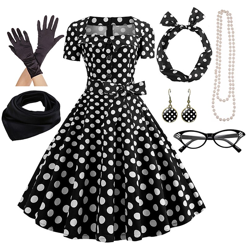 Women's A-Line Rockabilly Dress Polka Dots Swing Dress with Accessories Set 1950s Grease Outfits 60s Retro Vintage with Headband Chiffon Scarf Earrings Pearl Necklace Gloves 7PCS With Costume Wig3