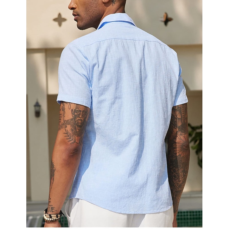 Men's Shirt Summer Shirt Casual Shirt Beach Shirt Button Up Shirt Black White Navy Blue Apricot Gray Short Sleeve Plain Lapel Vacation Daily Front Pocket Clothing Apparel Polyester Fashion Casual3