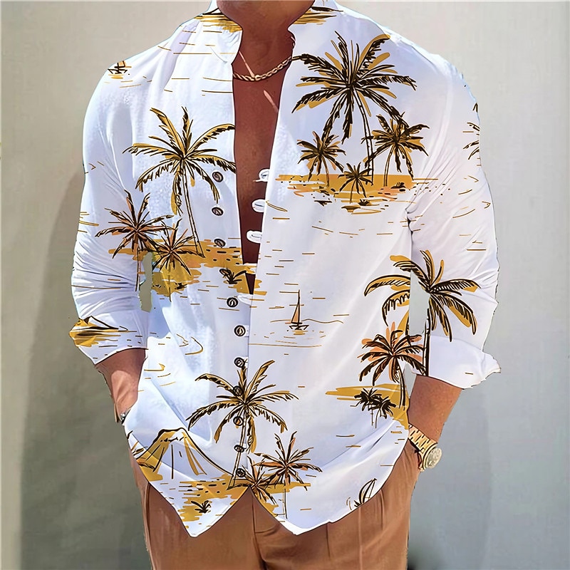 Men's Coconut Tree Tropical Plants Shirt Summer Hawaiian Shirt Aloha Shirt Long Sleeve Shirt Stand Collar Fashion Designer Casual Outdoor Vacation Street Yellow Blue Orange S M L2