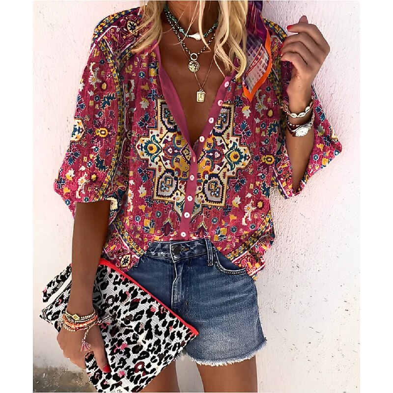 Women's Shirt Blouse Basic Buttons Print Long Sleeve Regular Tops V Neck Casual Pink Red Blue Purple Brown Spring Fall2