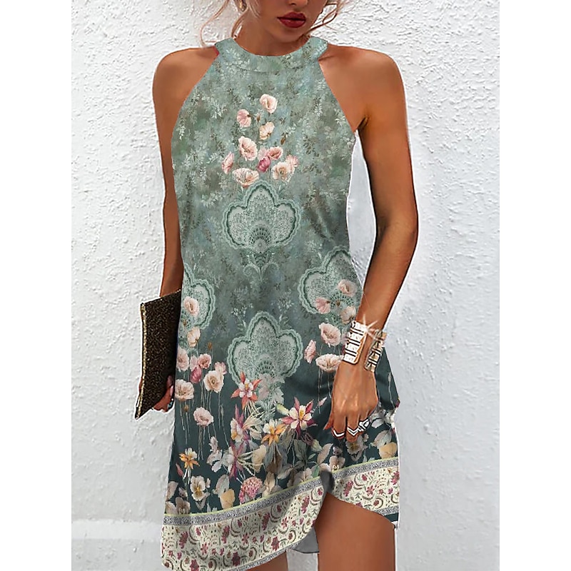 Women's Mini Dress Petite Dress Sundress Summer Dress Halter Neck Dress Active Fashion Streetwear Outdoor Vacation Daily Regular Fit Floral Sleeveless Halter Neck Light Green Royal Blue3