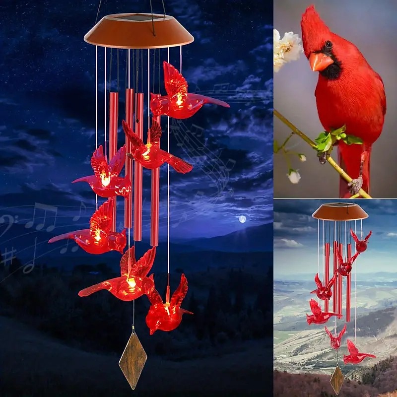Cardinal Bird Solar Wind Chimes Outdoor Waterproof Garden Lights for Window Decoation Garden Patiio Backyard 6 LEDs Bird