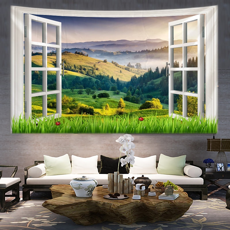Window Scenery Hanging Tapestry Wall Art Large Tapestry Mural Decor Photograph Backdrop Blanket Curtain Home Bedroom Living Room Decoration 5