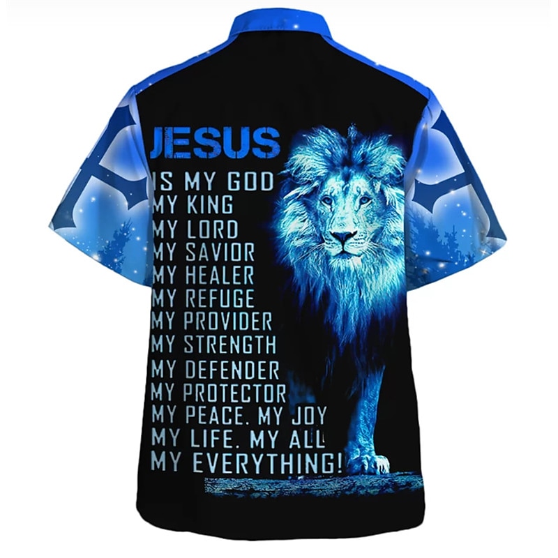 Men's Lion Letter Jesus Shirt Button Up Shirt Short Sleeve Fashion Streetwear Designer Daily Going out Weekend Summer Spring Turndown Print Royal Blue Blue Dark Blue Light Blue3