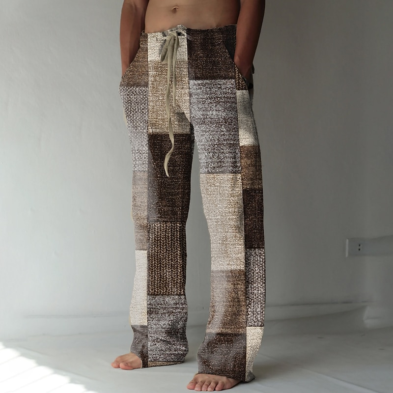 Men's Trousers Summer Pants Beach Pants Drawstring Elastic Waist 3D Print Color Block Geometric Pattern Graphic Prints Comfort Casual Daily Holiday Streetwear Hawaiian Blue Brown2