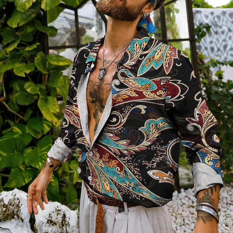 Men's Floral Shirt Boho Shirt Long Sleeve Tropical Sports Streetwear Outdoor Casual Daily Fall & Winter Turndown Print Button-Down Black Pink Navy Blue Blue Purple3