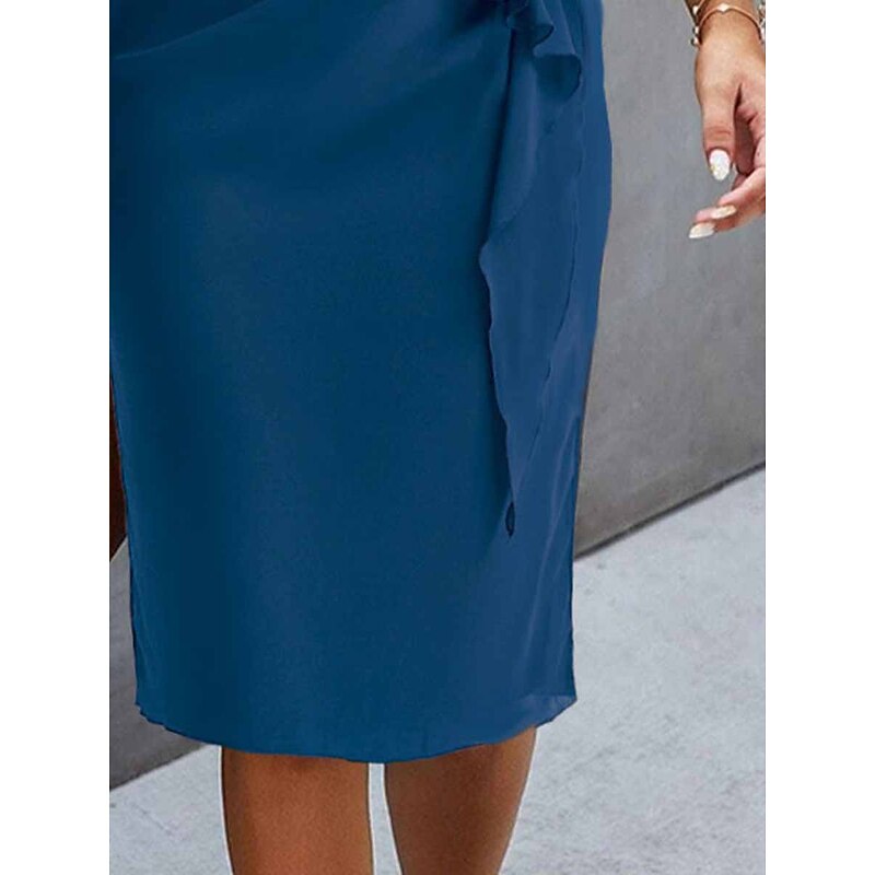 Women's Wedding Guest Cocktail Party Dress Midi Chiffon Dress Wine Blue Green Short Sleeve Solid Color Ruffle Crew Neck Evening Summer Spring Fall2