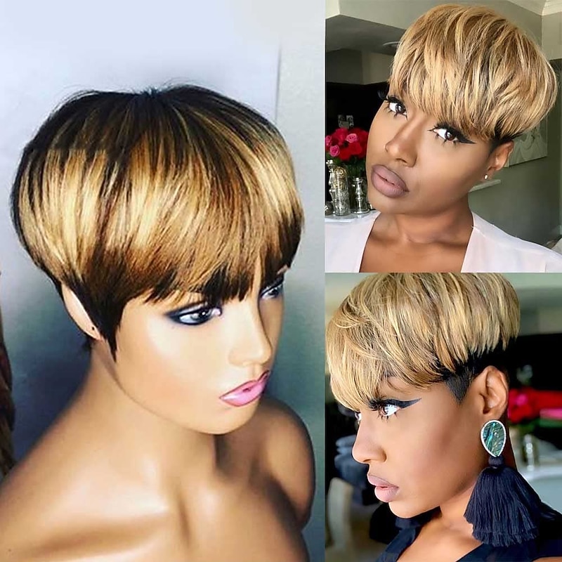 Short Bob Wig Ombre 4-27 Color Short Bob Pixie Cut Wig for Black Women Full Machine Made Non-Lace Layered Style Bob Cut Short Wigs - Main Image