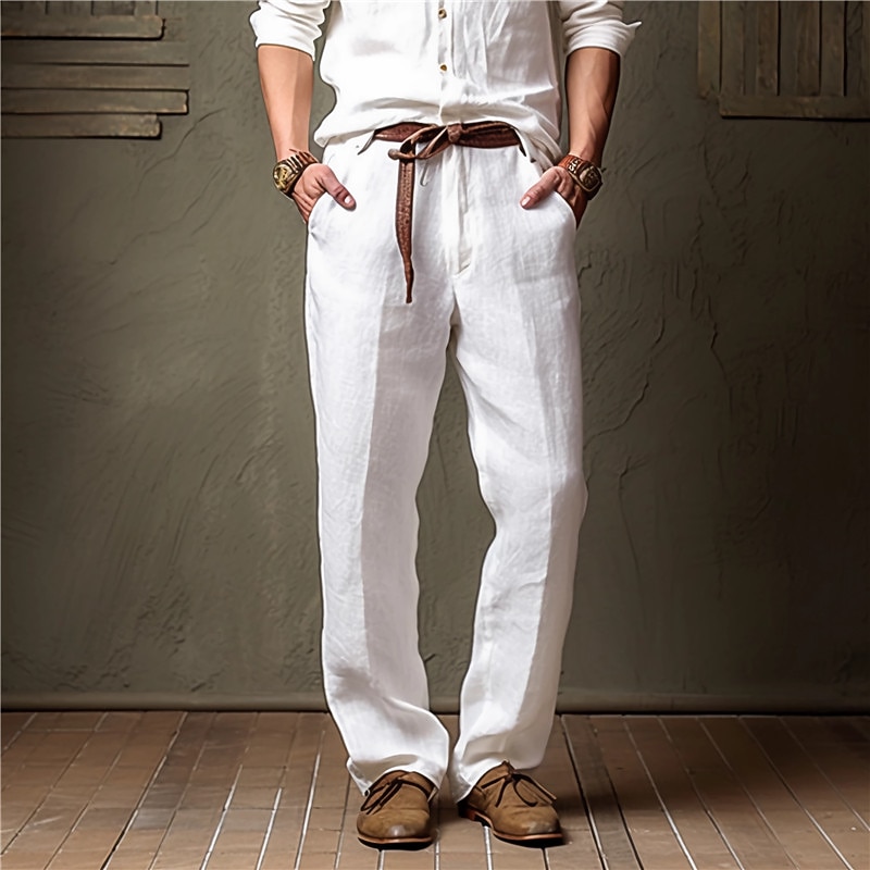 Men's Linen Pants Trousers Summer Pants Beach Pants Pocket Straight Leg Plain Comfort Breathable Casual Daily Holiday Fashion Classic Style White Khaki2