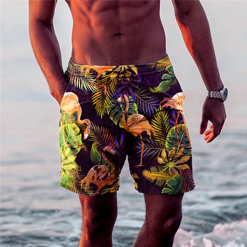 Men's Leaf Flamingo Graphic Prints Board Shorts Swim Shorts Swim Trunks Mid Waist Hawaiian Boho Casual Daily Holiday Drawstring with Mesh lining Elastic Waist Designer Clothing Apparel3