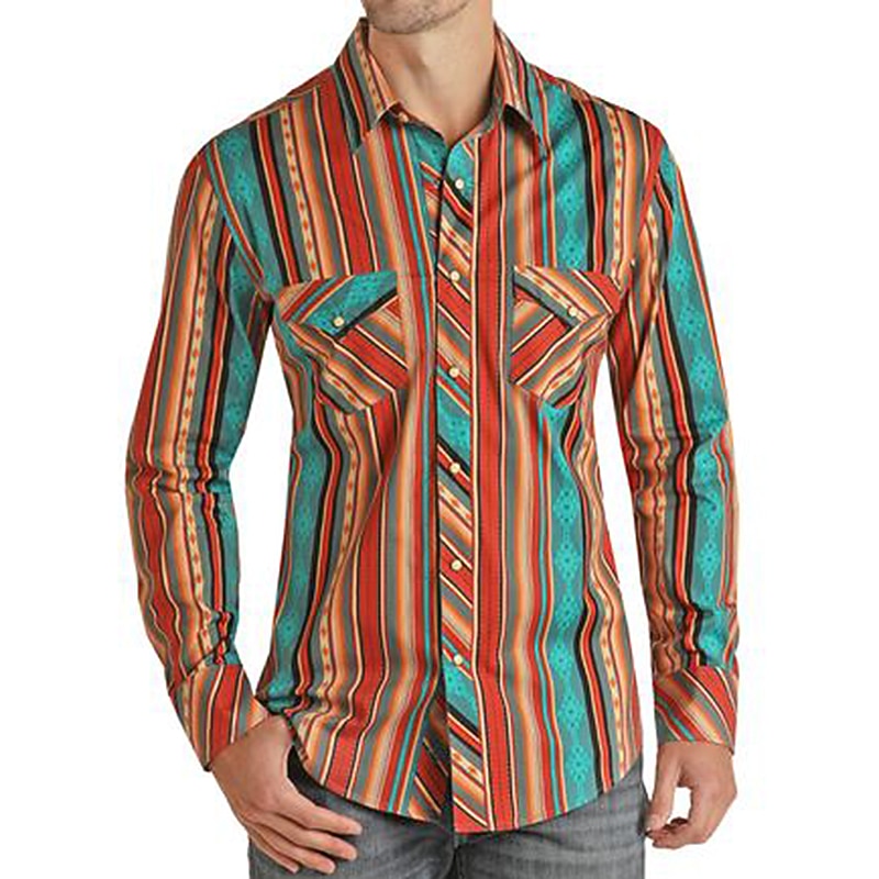 Men's Graphic Prints Vintage Geometry Shirt Western Shirt Cowboy Shirt Long Sleeve Fashion Streetwear Designer Outdoor Daily Fall & Winter Turndown Print Button-Down Red Blue Orange Green2