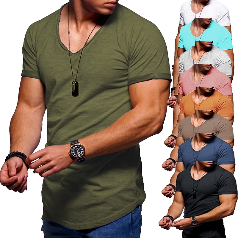 Men's T Shirt Tee V Neck Basic Casual Muscle Short Sleeve Dark Yellow Dark Brown Navy Wine Red Kong Lan Black Solid Color V Neck Daily Zipper Clothing Clothes Polyester 1pc Basic Casual Muscle