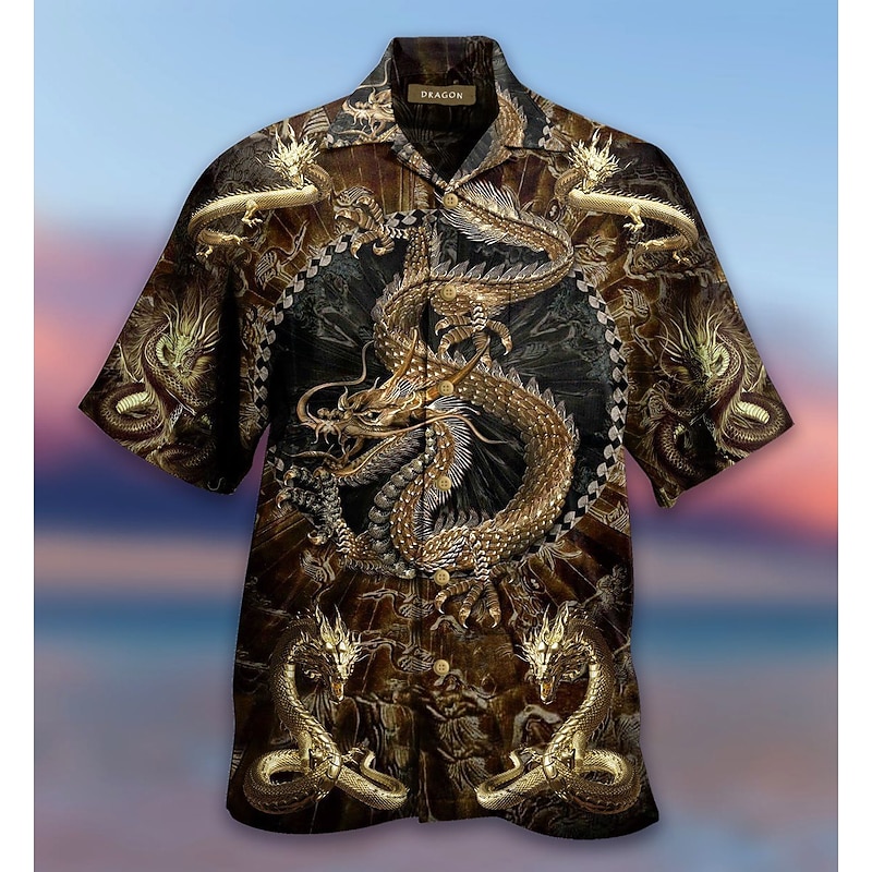 Men's Dragon Shirt Button Up Shirt Short Sleeve Tropical Fashion Hawaiian Casual Holiday Beach Summer Spring Turndown Print Button-Down Black White Brown Khaki2