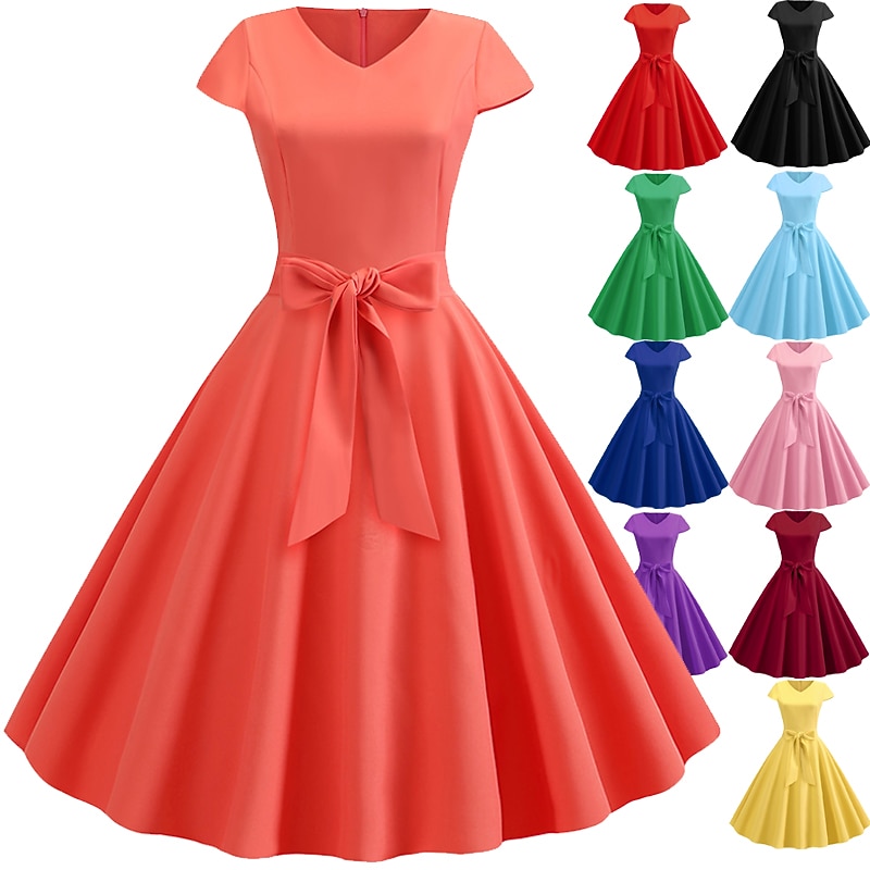 Retro Vintage 1950s A Line Dress Rockabilly Swing Dress Cap Sleeve Bow Plain V Neck Fancy Dress Women's Masquerade Cocktail Party Tea Party Casual Daily Adults' Dress Homecoming Dresses Spring