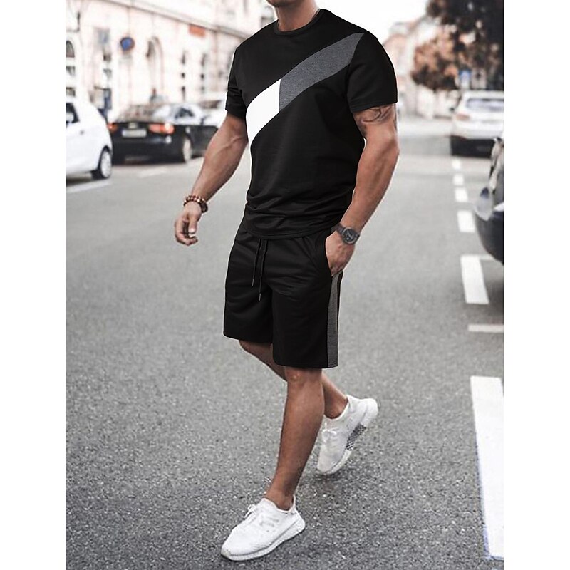Men's 2 Pieces Outfits T-Shirt and Drawstring Shorts Set Short Sleeve Crewneck Summer Color Block Fashion Sport Casual 2 Piece Vacation Casual Daily Wear Black Yellow Green Top Tee for Men