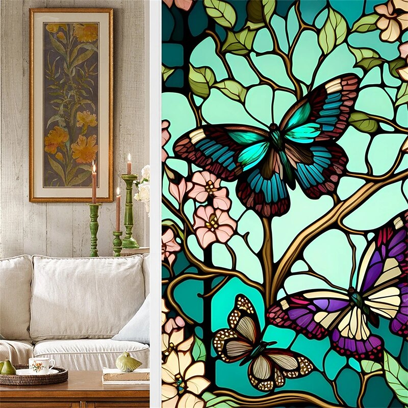 Stained Glass Window Film Colorful Retro Green Butterfly  Window Glass Electrostatic Stickers Removable Window Privacy Stained Decorative Film for Home Office2