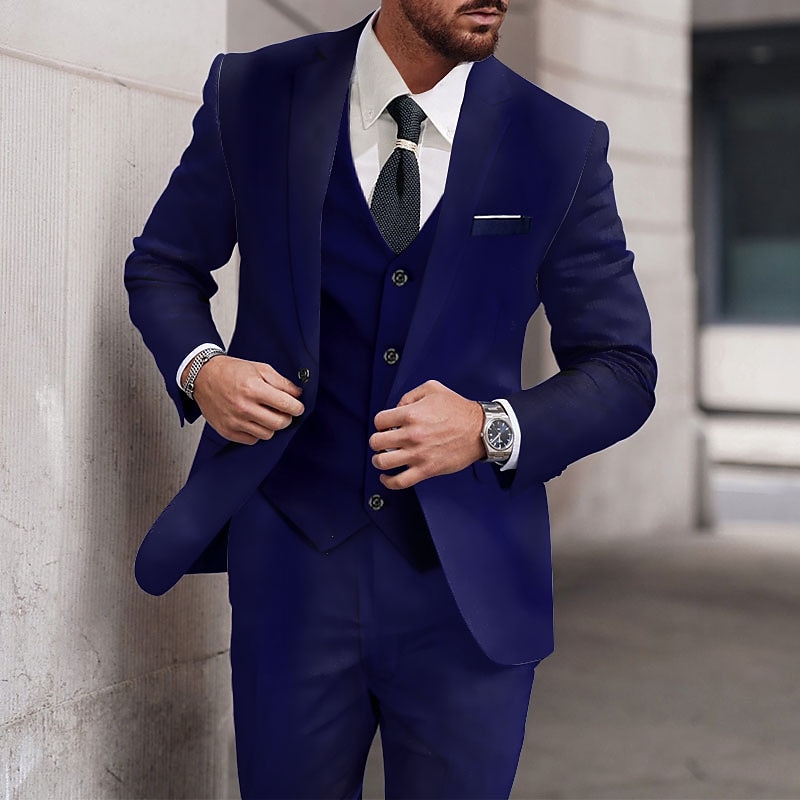 Men's Wedding Suits Notch Royal Blue Sky Blue Solid Colored Standard Fit 3 Piece Single Breasted One-button