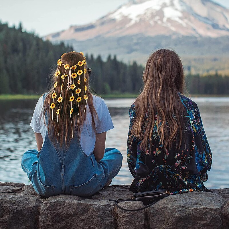 2pcs Flower Hippie Headband Floral Crown Summer Sunflower Hair Accessories for 70 s Bohemian Costumes Style4