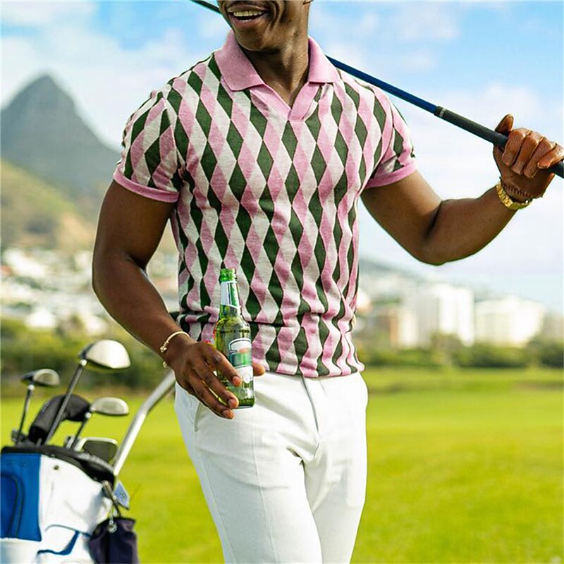 Men's Plaid Sports Polo Shirts Golf Shirt Short Sleeve Polo Shirts V Neck Casual Sportswear Vacation Wear 3D Print Yellow Pink Purple2