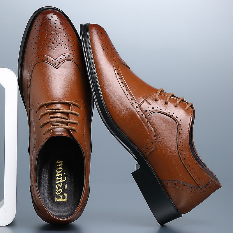 Men's Brown Faux Leather Brogue Dress Shoes – Classic Wingtip Oxford Design for Business, Formal Occasions, and Office Wear