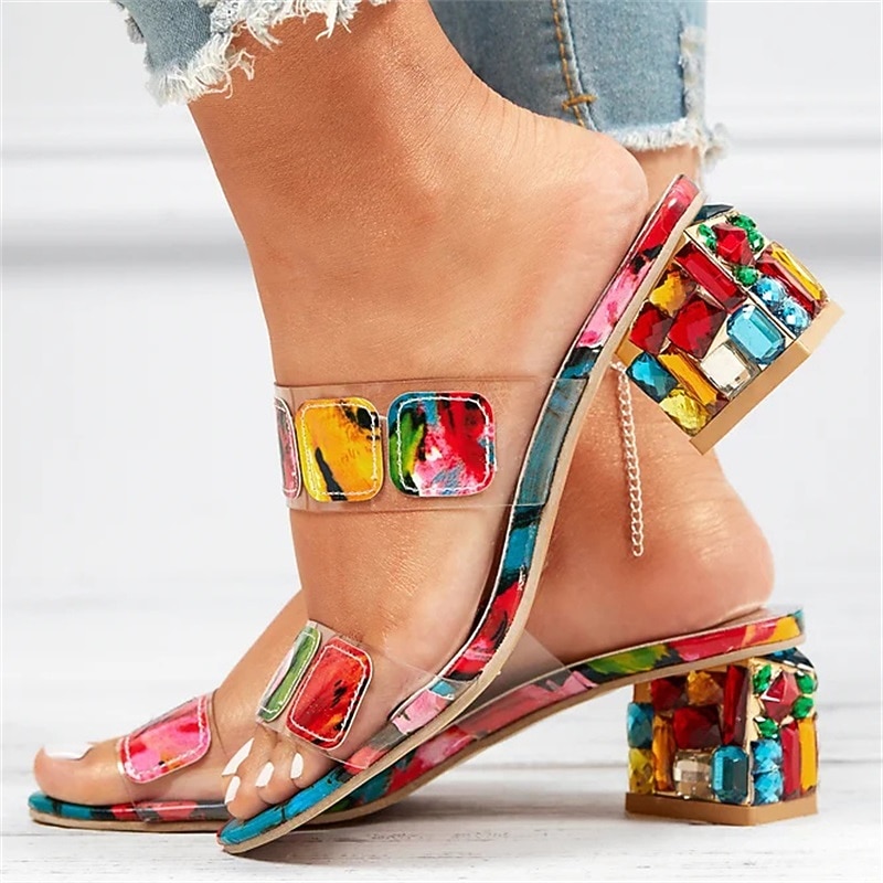 Women's Colorful Gem-Embellished Transparent Block Heels – Trendy Open-Toe Sandals for Summer Parties and Casual Outfits