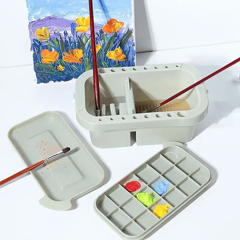 1 Set Multifunctional 3 In 1 Wash Pen Bucket With Pen Holder And Painting Palette Lid Paint Brush Basin Brush Tub Washing Tool For Art Painting Gouache Watercolor Acrylic Oil Painting3