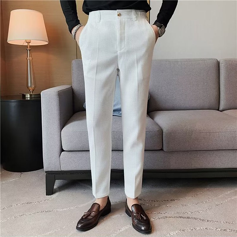 Men's Waffle Graduation Dress Pants Trousers Suit Pants Pocket Plain Comfort Breathable Outdoor Daily Going out Fashion Casual Black White