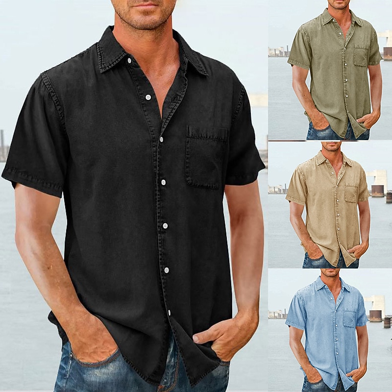 Men's Shirt Summer Shirt Casual Shirt Button Up Shirt Black khaki Army Green Dark Blue Short Sleeve Plain Lapel Vacation Daily Front Pocket Clothing Apparel Polyester Fashion Casual Comfortable