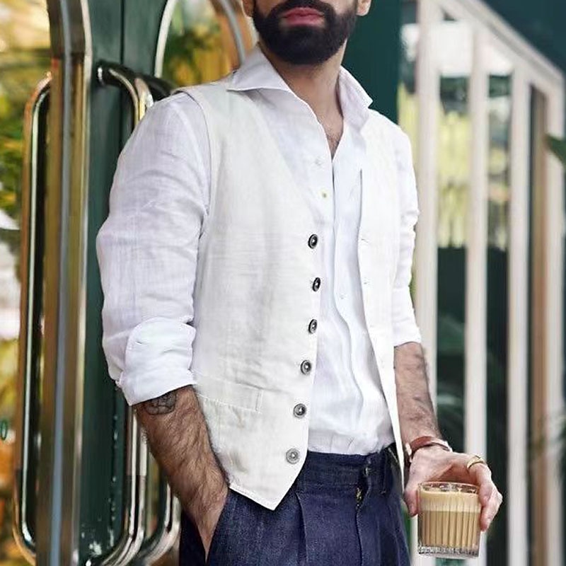 Men's Vest Waistcoat Daily Wear Vacation Going out Fashion Basic Spring &  Fall Button Cotton Polyester Comfortable Plain Single Breasted V Neck Regular Fit White Black Dark Blue Vest