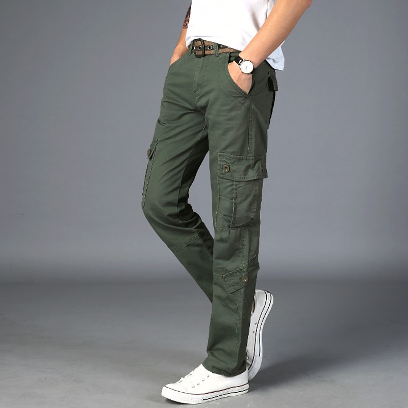 Men's Cargo Pants Combat Trousers 8 Pocket Plain Breathable Lightweight Full Length Casual Daily Trousers ArmyGreen Black Micro-elastic2