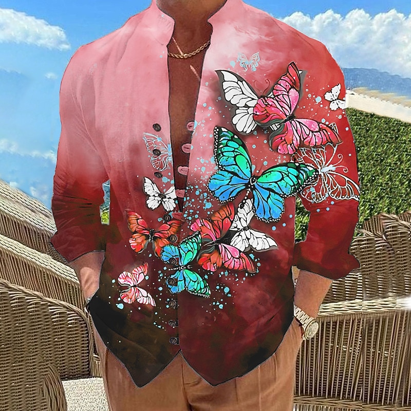 Men's Butterfly Shirt Summer Hawaiian Shirt Aloha Shirt Long Sleeve Shirt Stand Collar Fashion Designer Casual Outdoor Vacation Street Blue-Green Red Blue S M L3