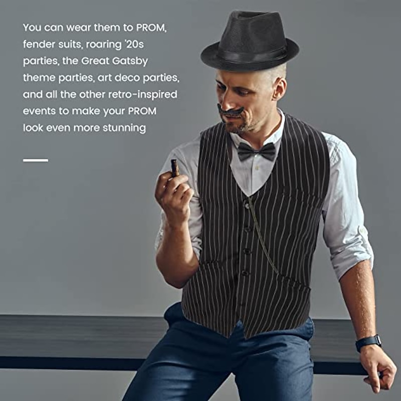 Retro Vintage Roaring 20s 1920s Outfits Vest Waistcoat The Great Gatsby Gentleman Fashion Fancy Dress Men's Christmas Halloween Carnival Prom Bachelorette Party Festival Adults' Cravat Vest Hat All3