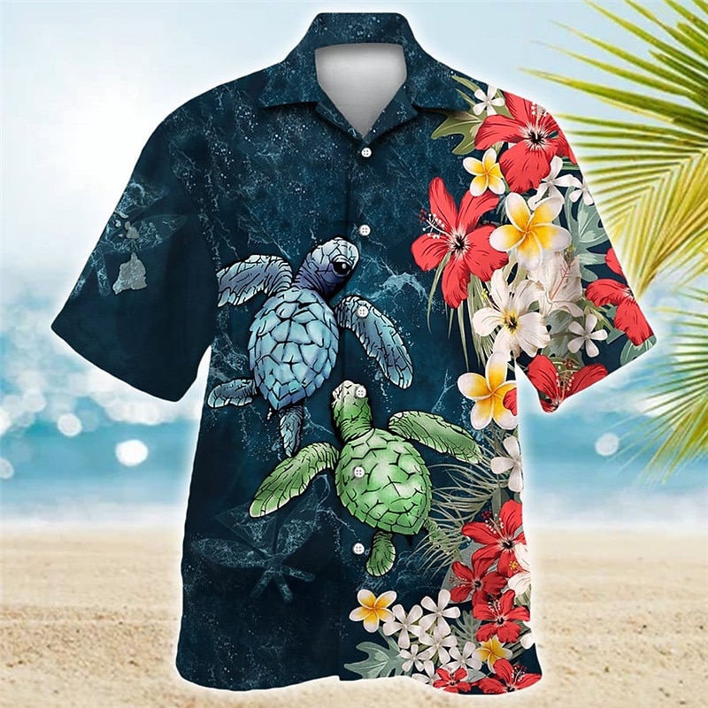Men's Tropical Flowers Totem Turtles Shirt Summer Hawaiian Shirt Aloha Shirt Short Sleeve Shirt Cuban Collar Sports Fashion Streetwear Outdoor Casual Hawaiian Navy Blue Blue Purple S M L