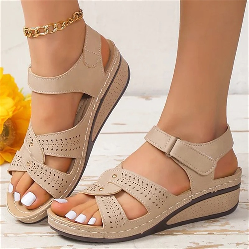 Women's Beige Wedge Sandals with Hook and Loop Strap and Cutout Design, Comfortable Open Toe Shoes for Walking, Summer Travel and Casual Daily Wear