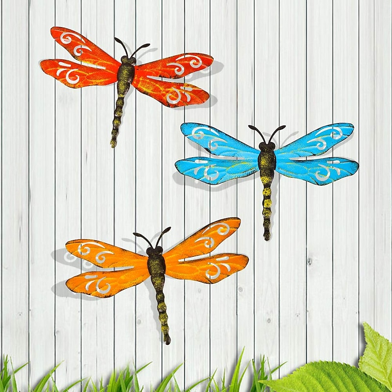 Wall Art Metal Dragonfly Wall Decor Outdoor Garden Fence ArtHanging Decorations for Living Room Bedroom 1pc