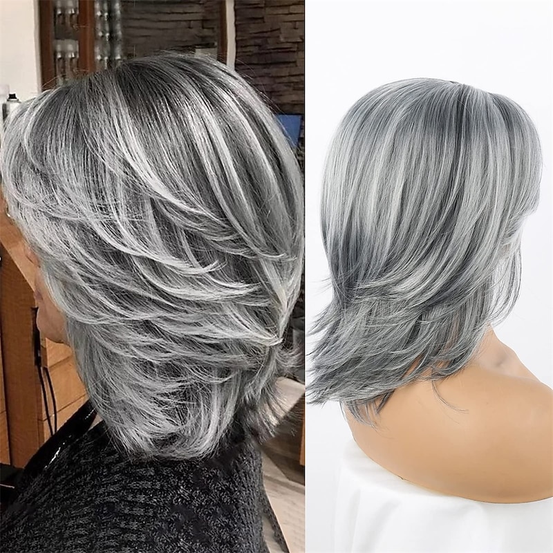 Silver Gray Ombre Layered Wigs with Curtain Bangs for Women Synthetic Short Light Grey Wig Layered Gray Wavy Bob Wig Highlight Grey Curly Bob Wig for Black Women Silver Grey Wig for Daily Use2