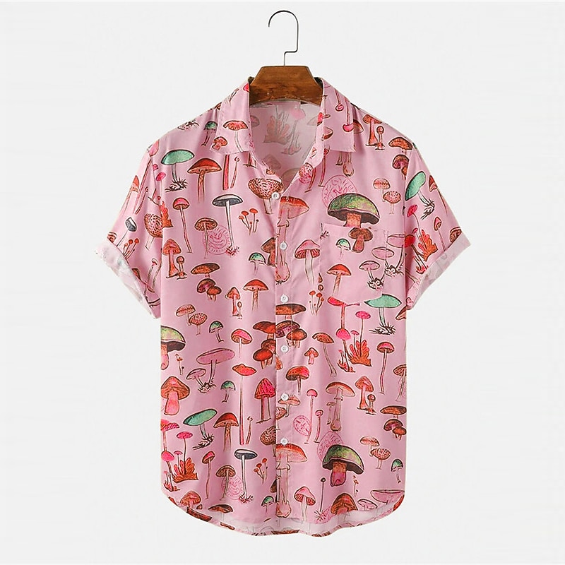 Men's Mushroom Tropical Plants Shirt Summer Hawaiian Shirt Aloha Shirt Short Sleeves Shirt Turndown Tropical Fashion Hawaiian Outdoor Street Hawaiian Pink Purple Green S M L3