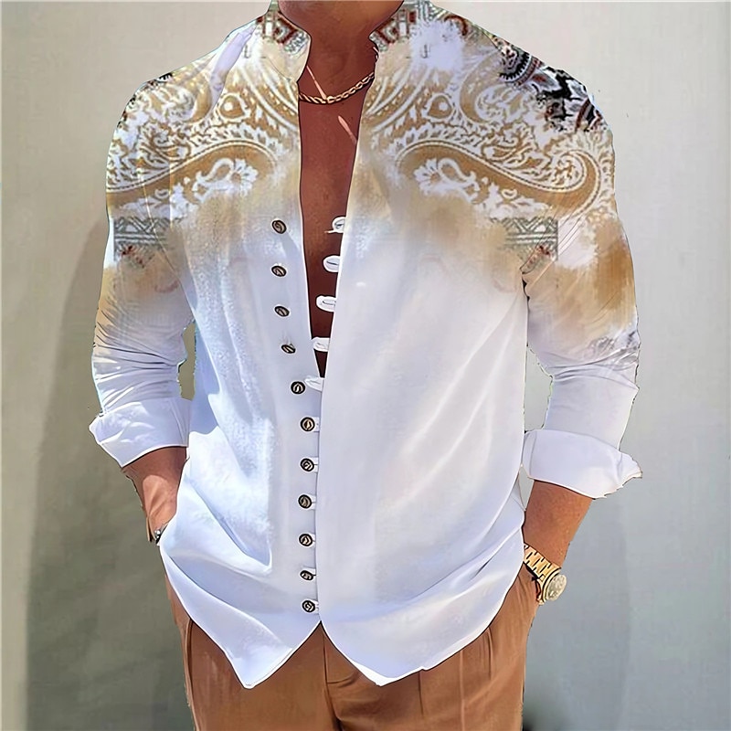 Men's Floral Shirt Linen Shirt Button Up Shirt Long Sleeve Fashion Streetwear Designer Outdoor Casual Daily Summer Spring Fall Stand Collar Print Yellow Blue Green Gray
