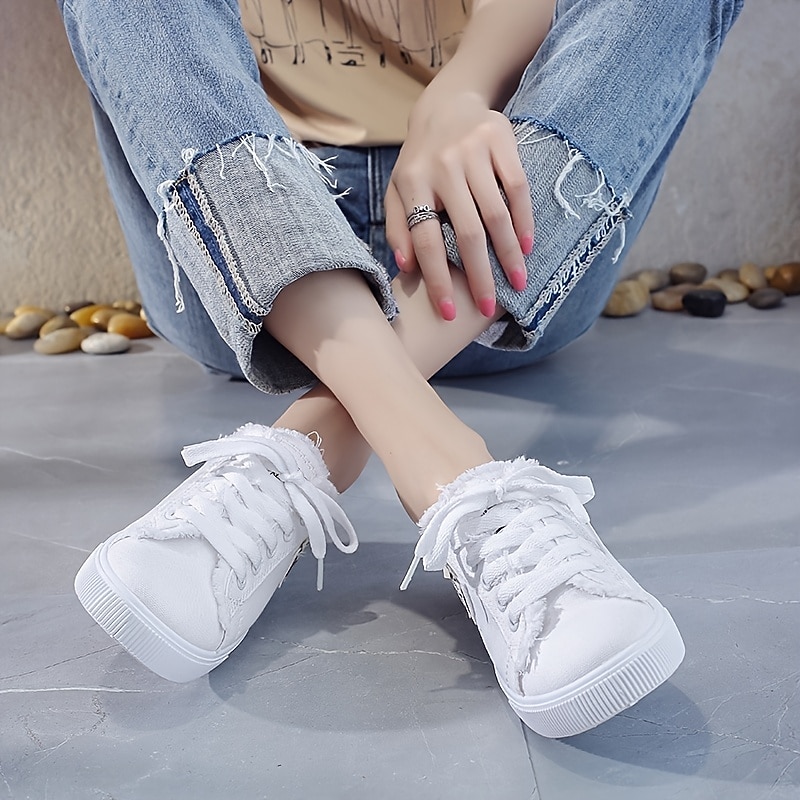 Women's White Backless Canvas Sneakers with Raw Edge Design, Slip-On Lace-Up Mules for Summer Streetwear, School, and Casual Outings4
