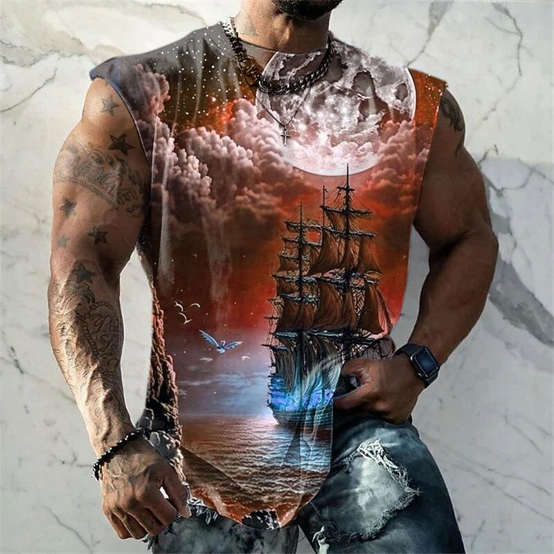 Men's Graphic Cloud Ship Nautical Vest Top Sleeveless T Shirt for Men Sleeveless Cap Sleeve T shirt 3D Print Crew Neck Shirt Fashion Designer Muscle Daily Sports Gym Red Blue Purple Spring & Summer2