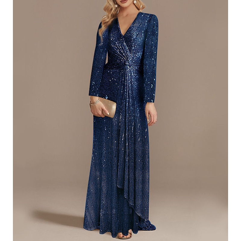 Mermaid Dress Party Dress Formal Wedding Guest Sweep / Brush Train Long Sleeve V Neck Sequined with Sequin dress to impress